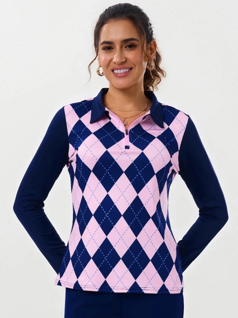 Soneven argyle checkerboard athletic long sleeve quarter zip polo, size small